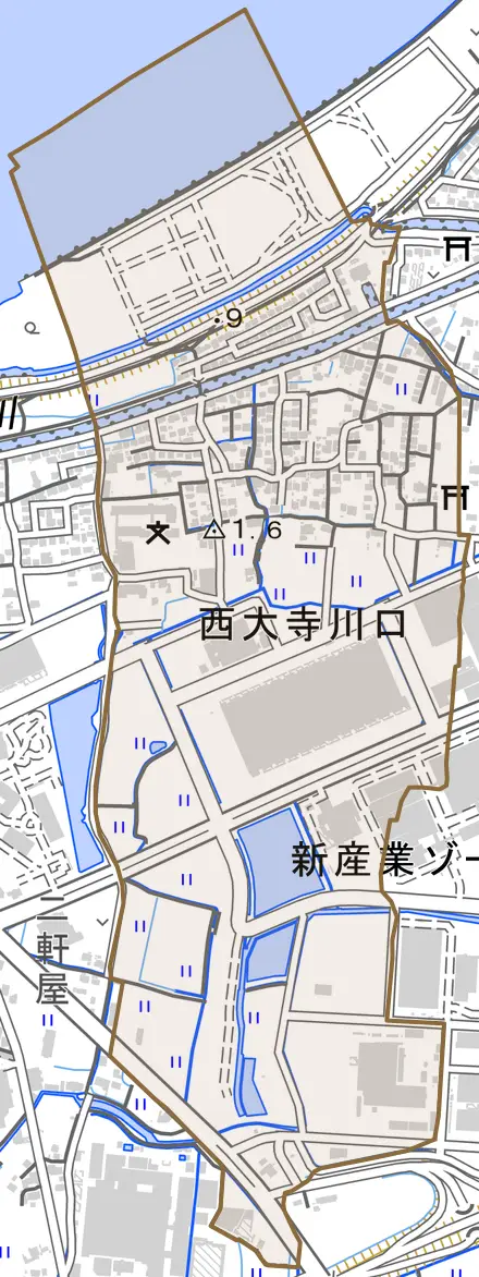 西大寺川口とその周辺の地図。町の範囲を重ねている