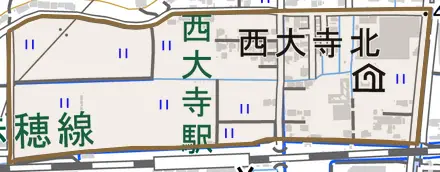 西大寺北とその周辺の地図。町の範囲を重ねている