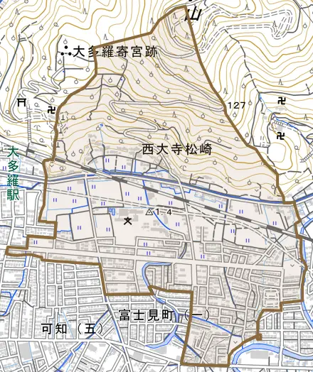 西大寺松崎とその周辺の地図。町の範囲を重ねている