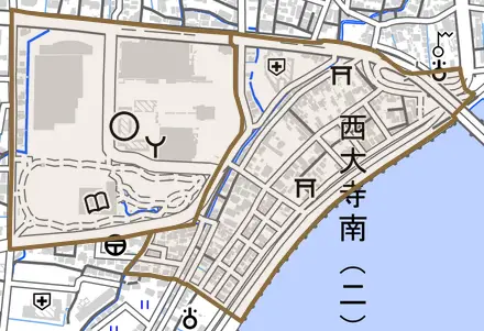 西大寺南とその周辺の地図。町の範囲を重ねている