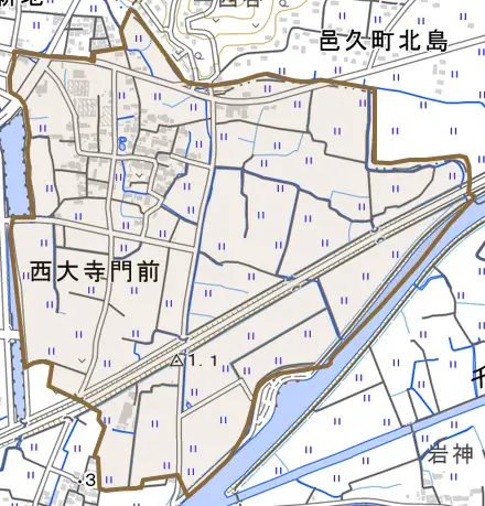 西大寺門前とその周辺の地図。町の範囲を重ねている