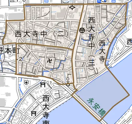 西大寺中とその周辺の地図。町の範囲を重ねている