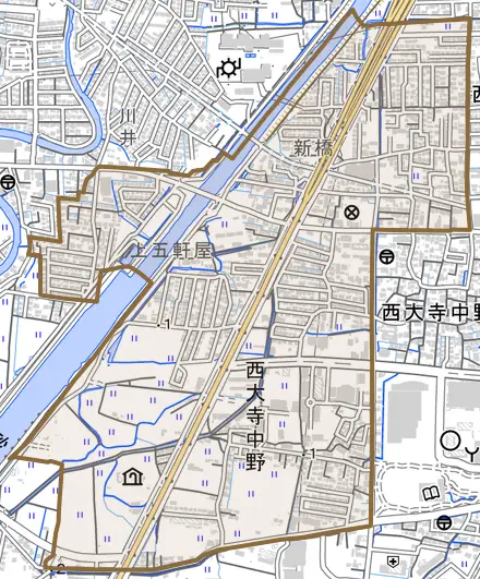 西大寺中野とその周辺の地図。町の範囲を重ねている