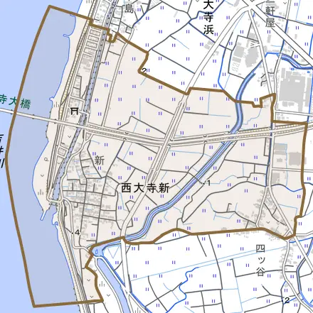 西大寺新とその周辺の地図。町の範囲を重ねている