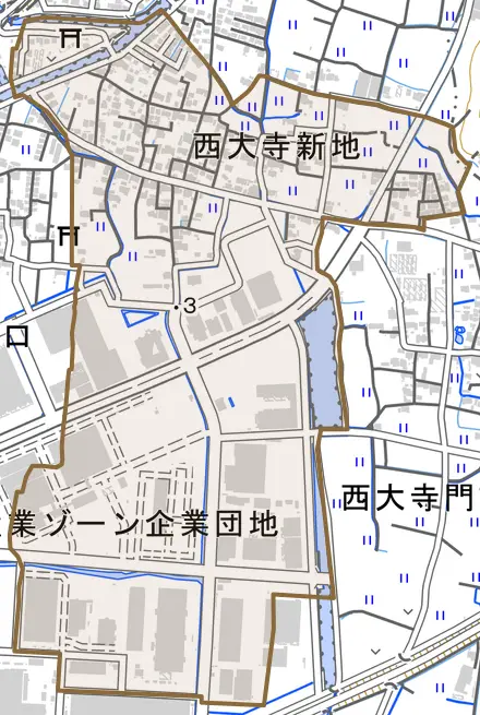 西大寺新地とその周辺の地図。町の範囲を重ねている