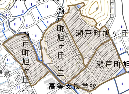 瀬戸町旭ヶ丘とその周辺の地図。町の範囲を重ねている