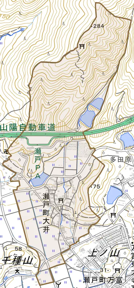 瀬戸町大井とその周辺の地図。町の範囲を重ねている