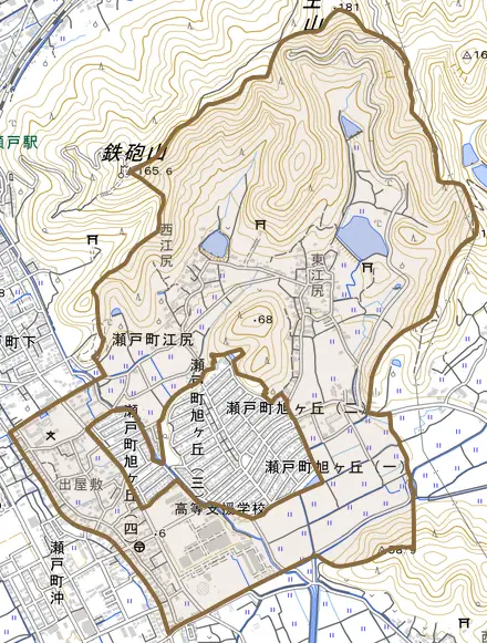 瀬戸町江尻とその周辺の地図。町の範囲を重ねている