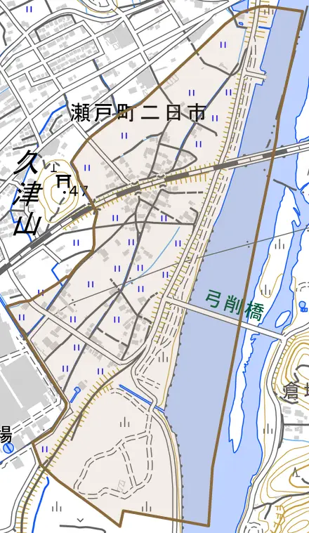 瀬戸町二日市とその周辺の地図。町の範囲を重ねている