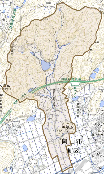 瀬戸町鍛冶屋とその周辺の地図。町の範囲を重ねている