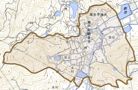 瀬戸町観音寺とその周辺の地図。町の範囲を重ねている
