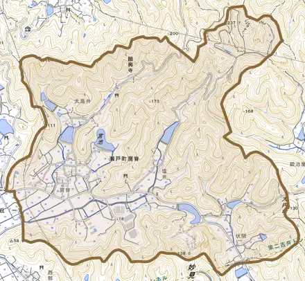 瀬戸町肩脊とその周辺の地図。町の範囲を重ねている