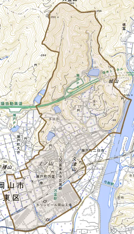 瀬戸町万富とその周辺の地図。町の範囲を重ねている