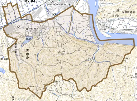 瀬戸町南方とその周辺の地図。町の範囲を重ねている