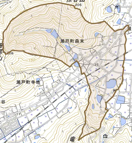 瀬戸町森末とその周辺の地図。町の範囲を重ねている