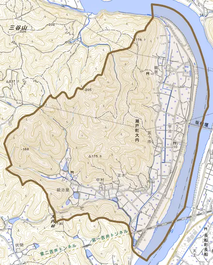 瀬戸町大内とその周辺の地図。町の範囲を重ねている