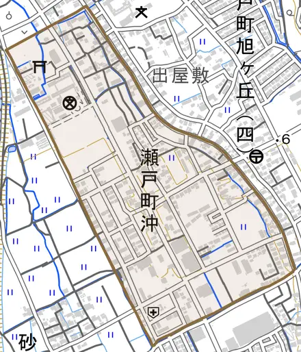 瀬戸町沖とその周辺の地図。町の範囲を重ねている