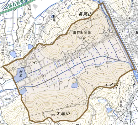 瀬戸町笹岡とその周辺の地図。町の範囲を重ねている