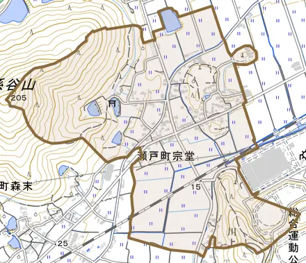 瀬戸町宗堂とその周辺の地図。町の範囲を重ねている