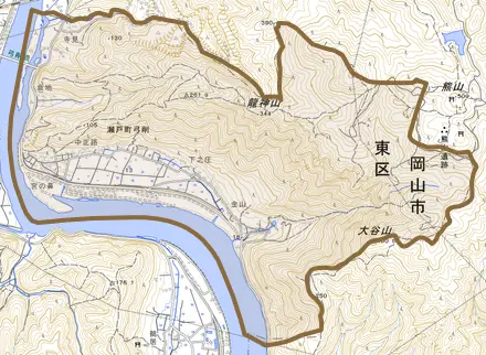 瀬戸町弓削とその周辺の地図。町の範囲を重ねている