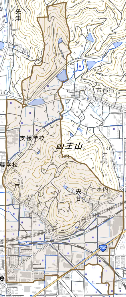 宍甘とその周辺の地図。町の範囲を重ねている