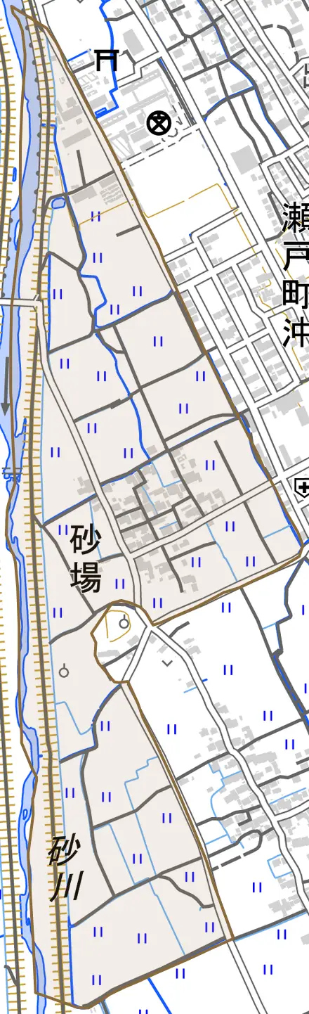 砂場とその周辺の地図。町の範囲を重ねている