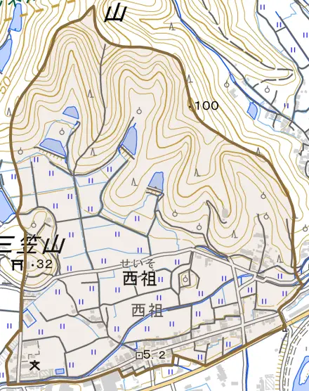 西祖とその周辺の地図。町の範囲を重ねている