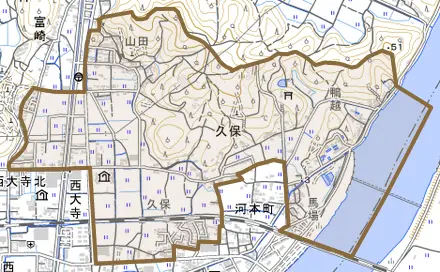 久保とその周辺の地図。町の範囲を重ねている