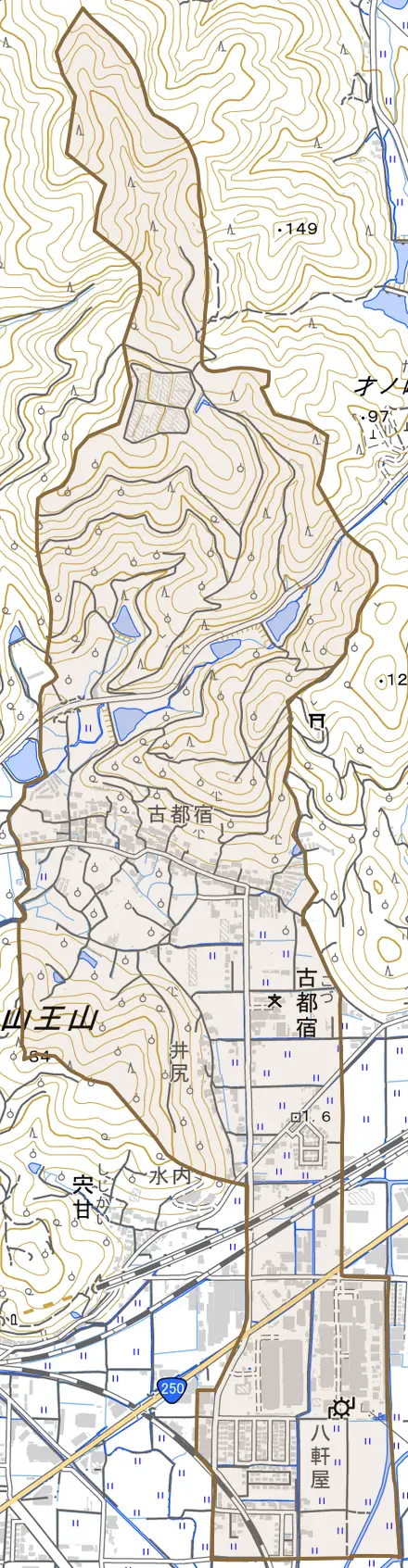 古都宿とその周辺の地図。町の範囲を重ねている