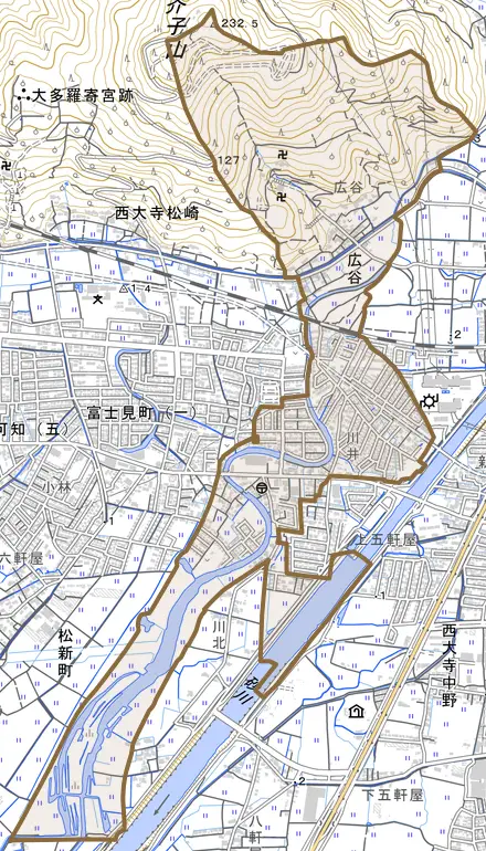 広谷とその周辺の地図。町の範囲を重ねている