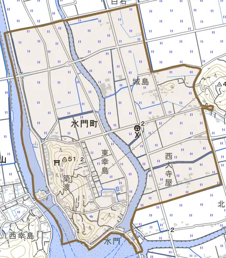 水門町とその周辺の地図。町の範囲を重ねている