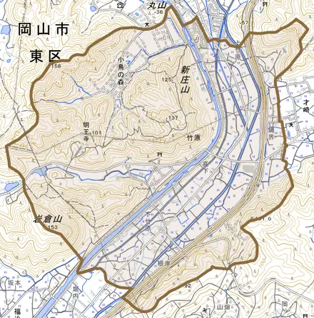 竹原とその周辺の地図。町の範囲を重ねている