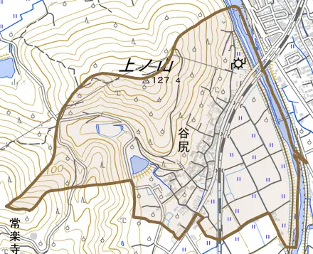 谷尻とその周辺の地図。町の範囲を重ねている