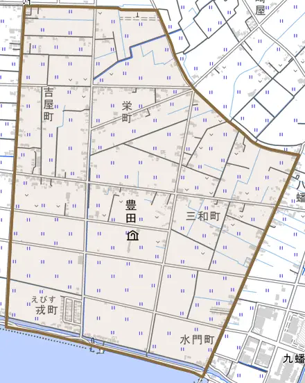 豊田とその周辺の地図。町の範囲を重ねている
