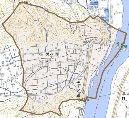内ケ原とその周辺の地図。町の範囲を重ねている