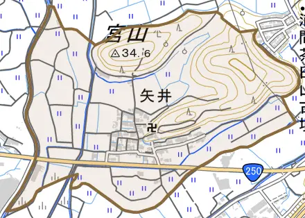 矢井とその周辺の地図。町の範囲を重ねている