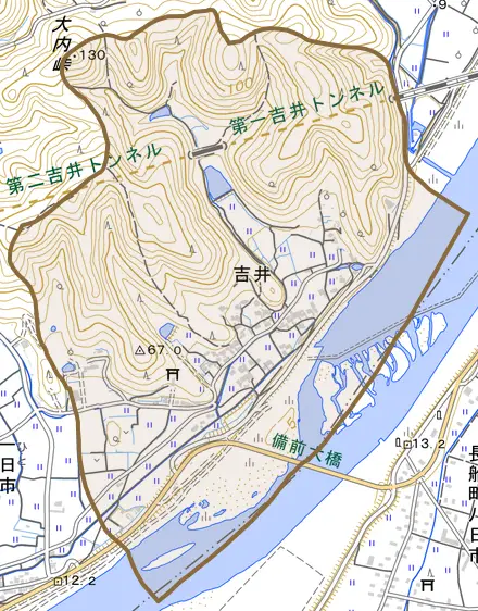 吉井とその周辺の地図。町の範囲を重ねている