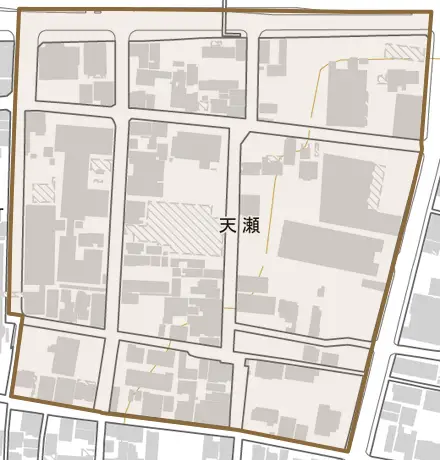 天瀬とその周辺の地図。町の範囲を重ねている