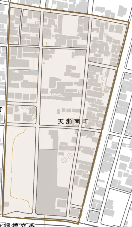 天瀬南町とその周辺の地図。町の範囲を重ねている