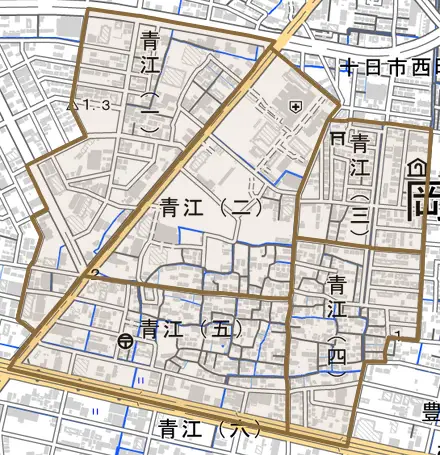青江とその周辺の地図。町の範囲を重ねている