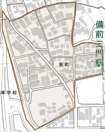 葵町とその周辺の地図。町の範囲を重ねている