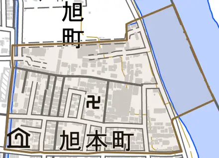 旭本町とその周辺の地図。町の範囲を重ねている