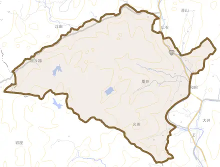 粟井とその周辺の地図。町の範囲を重ねている