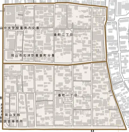 番町とその周辺の地図。町の範囲を重ねている