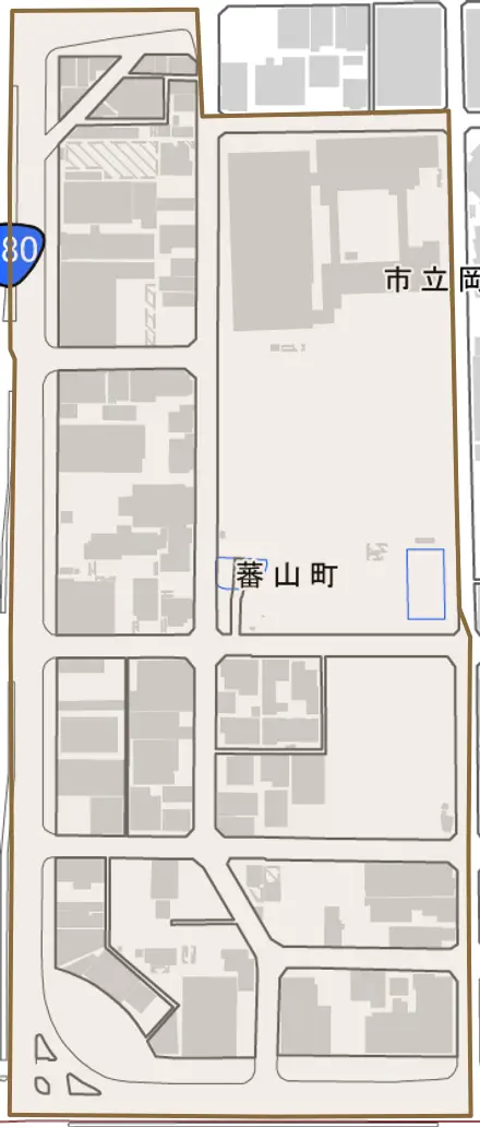 蕃山町とその周辺の地図。町の範囲を重ねている