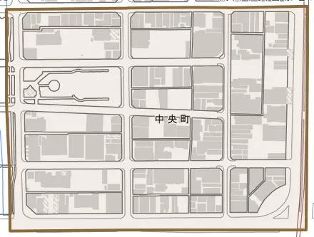 中央町とその周辺の地図。町の範囲を重ねている