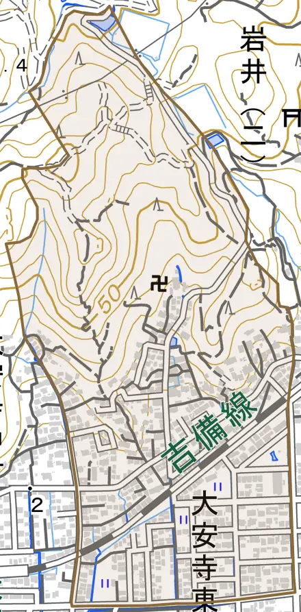大安寺東町とその周辺の地図。町の範囲を重ねている
