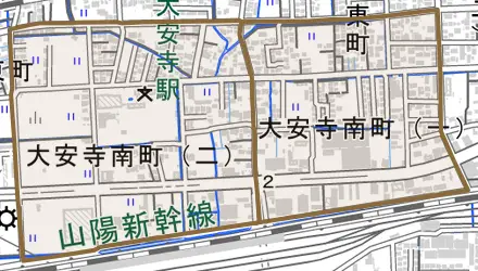 大安寺南町とその周辺の地図。町の範囲を重ねている