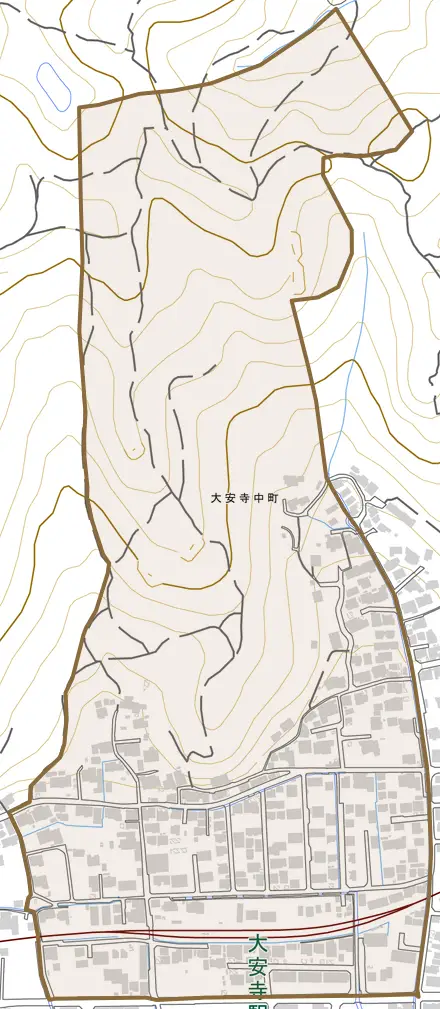 大安寺中町とその周辺の地図。町の範囲を重ねている
