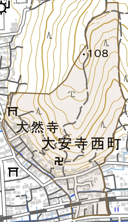 大安寺西町とその周辺の地図。町の範囲を重ねている